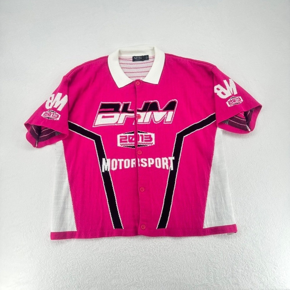 BoohooMAN BM Motorsport 2013 Pink Knit Button Front Polo Shirt‎ L